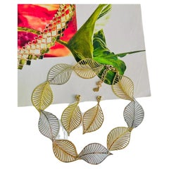 Christian Dior Vintage Large Openwork Gold Silver Leaf Necklace Earrings Set
