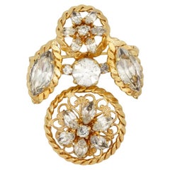 Christian Dior Vintage Large Openwork Marquise Circle Crystals Drop Gold Brooch