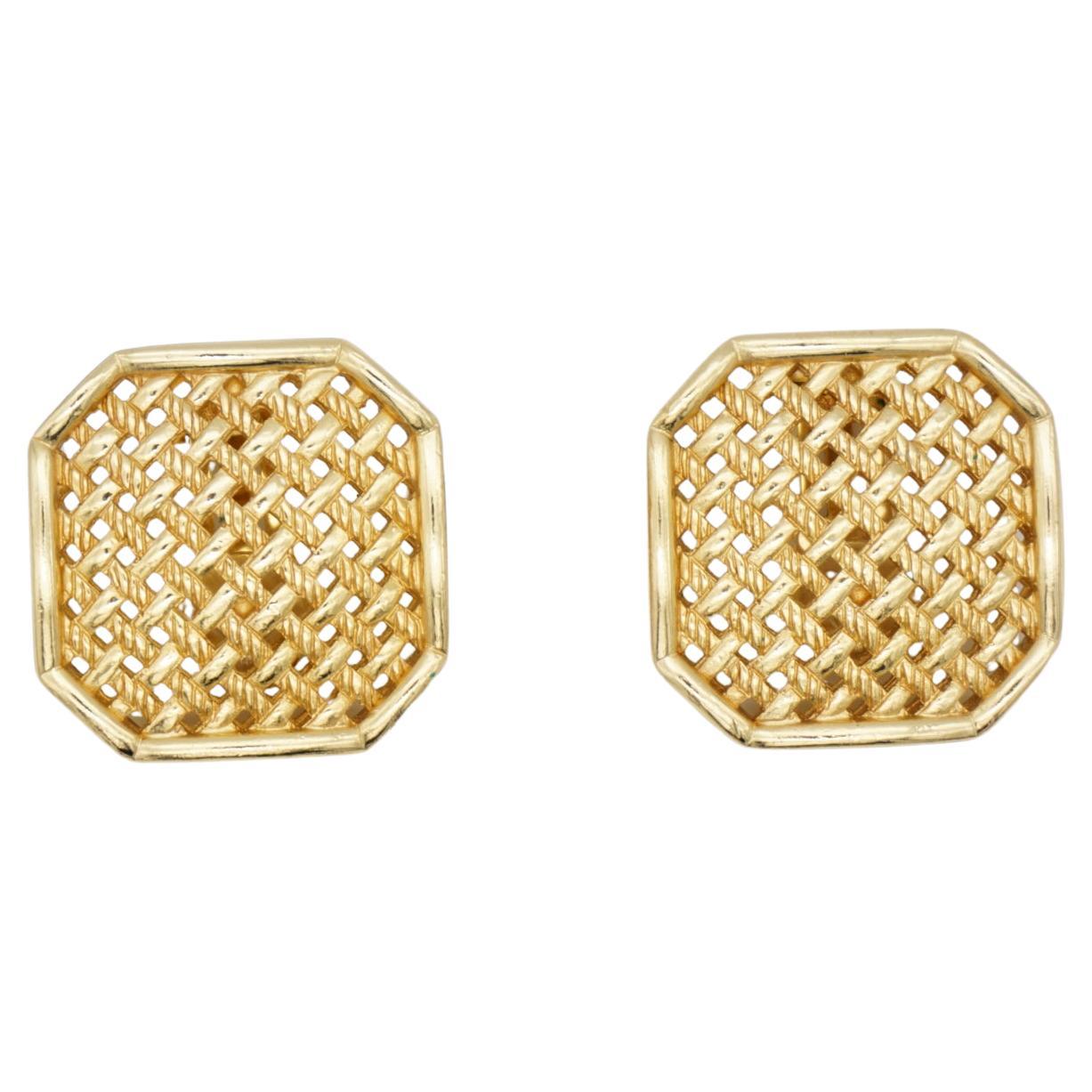 Christian Dior Vintage Large Openwork Octagon Square Mesh Chunky Clip Earrings For Sale