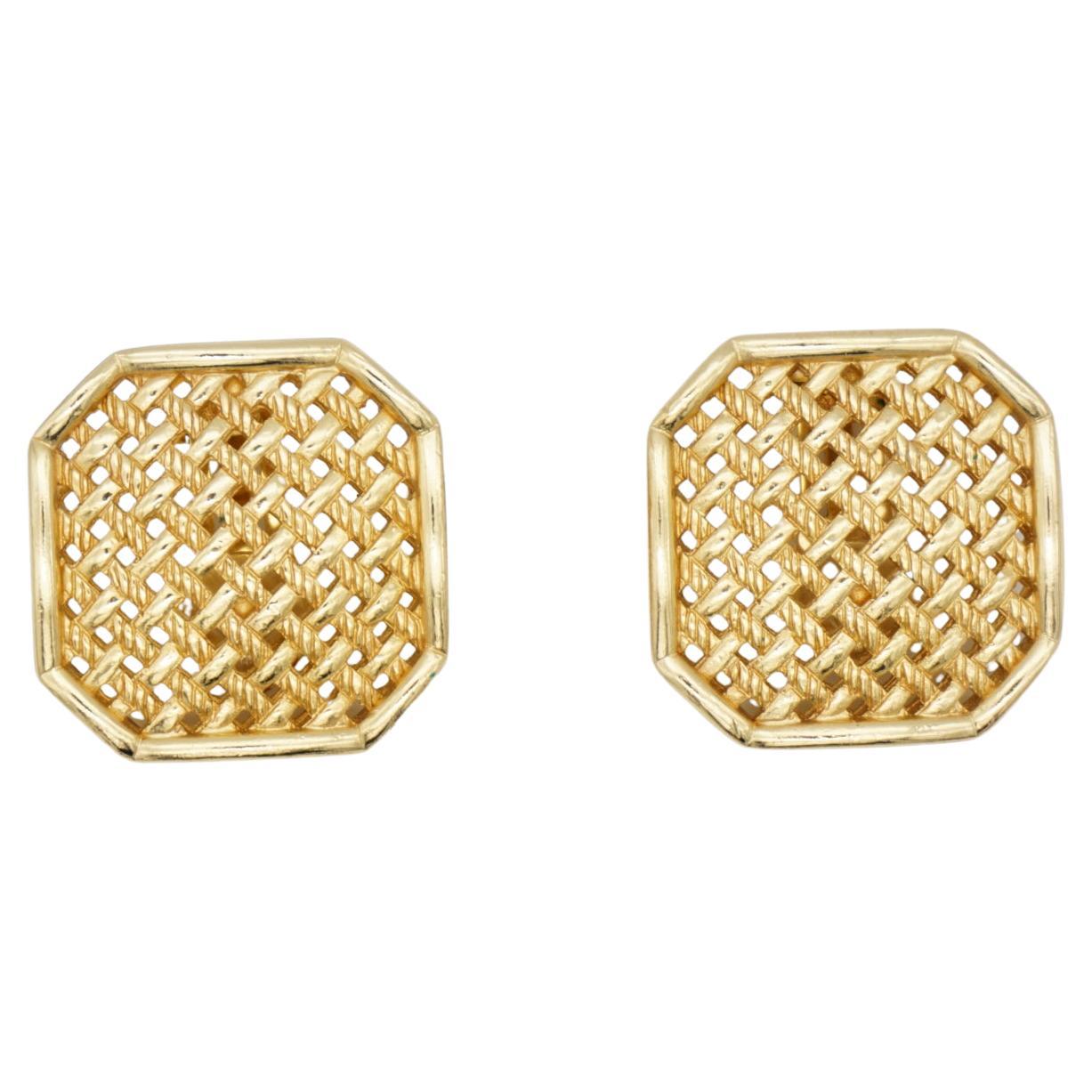 Christian Dior Vintage Gran Calado Octágono Malla Cuadrada Pendientes de Clip Gruesos en venta
