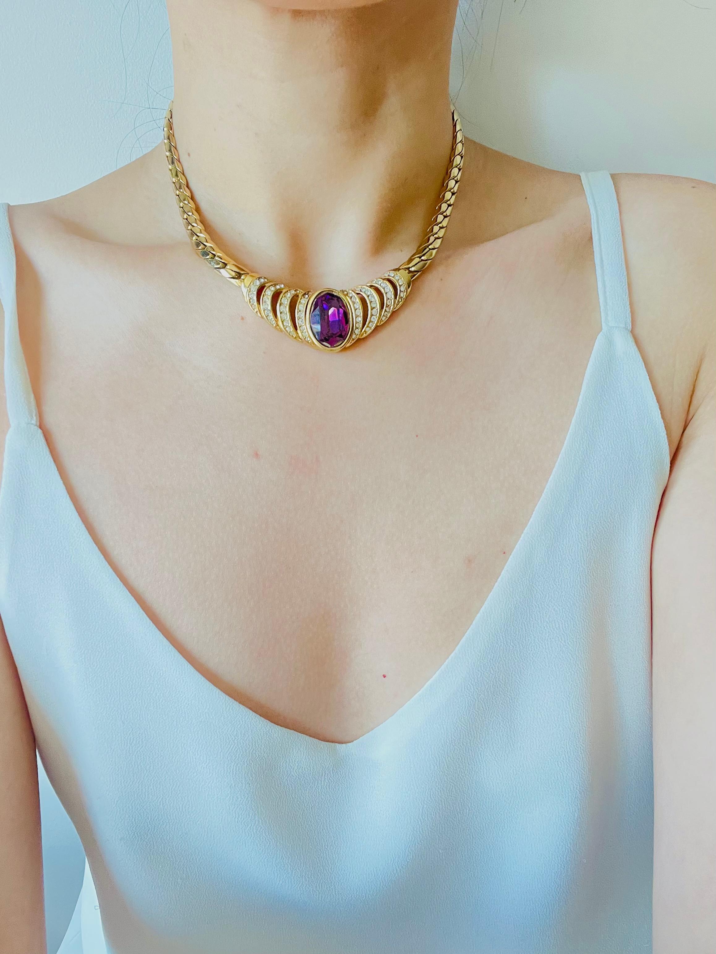Christian Dior Vintage Große Oval Amethyst Kristall Herz Liebe durchbrochene Halskette im Angebot 1
