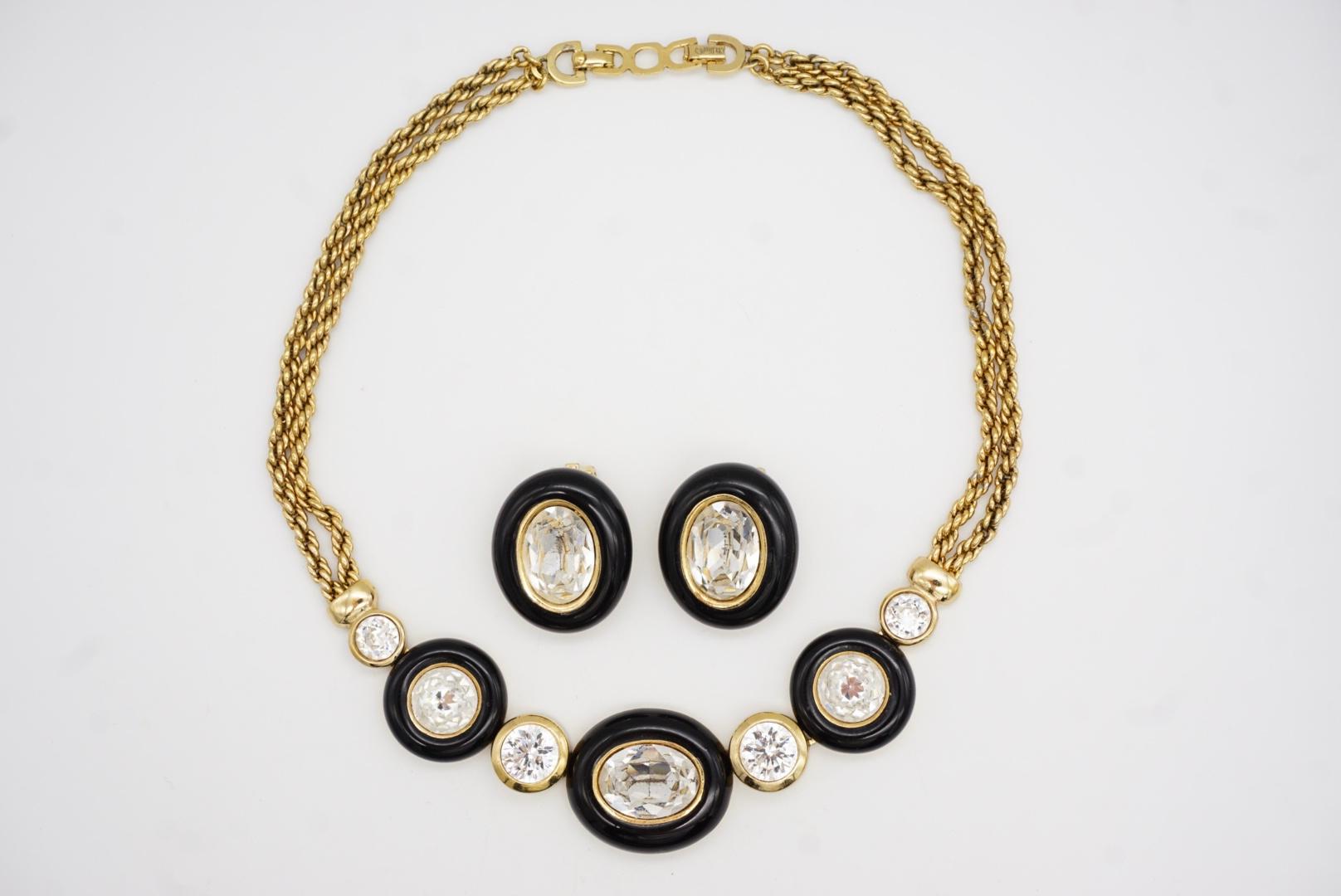 Christian Dior Vintage Großer Ovaler Kreis Schwarz Klare Kristalle Doppeltes Seil 2 Set im Angebot 5