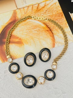 Christian Dior Vintage Large Oval Circle Black Clear Crystals Double Rope 2 Set