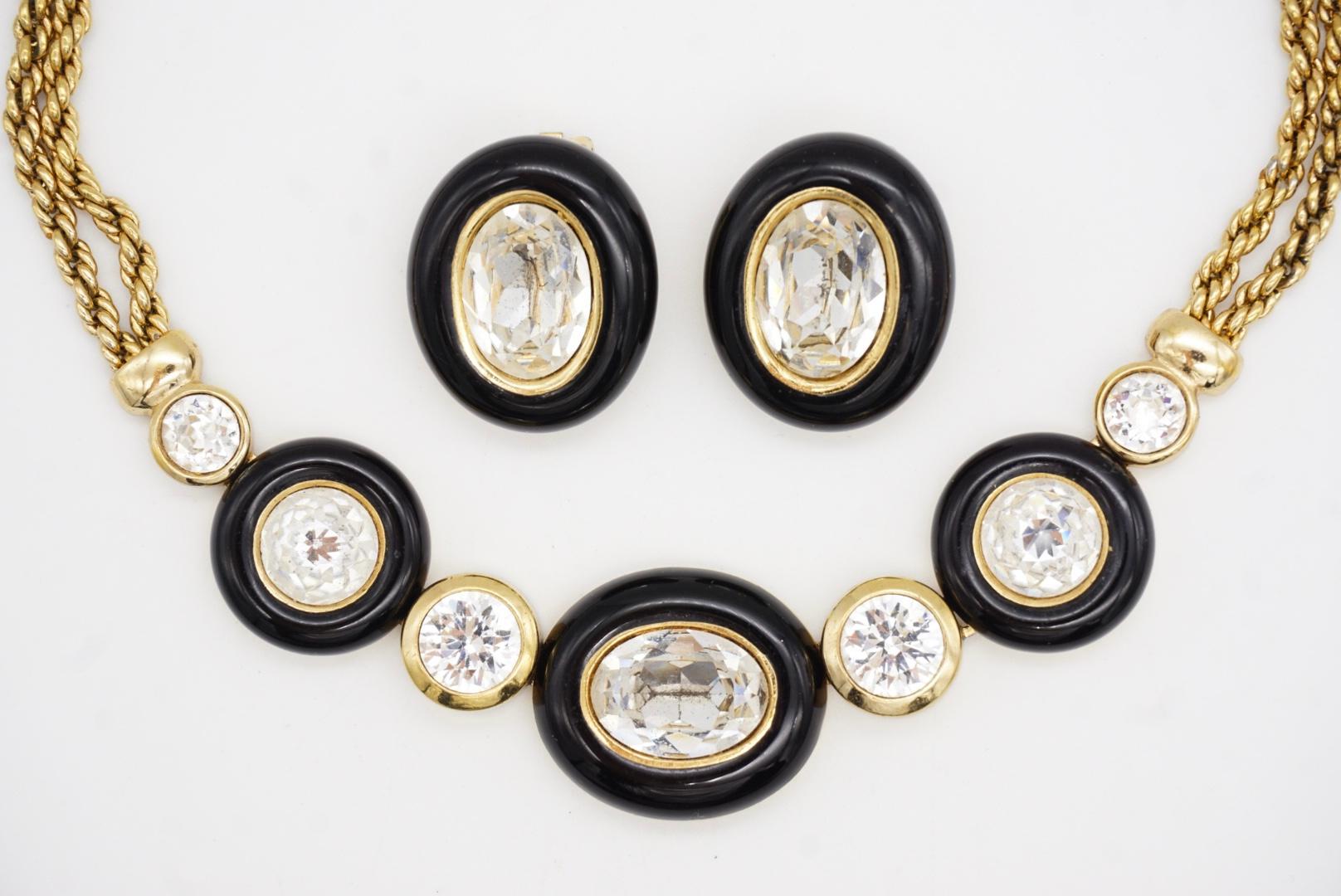 Christian Dior Vintage Großer Ovaler Kreis Schwarz Klare Kristalle Doppeltes Seil 2 Set im Angebot 4