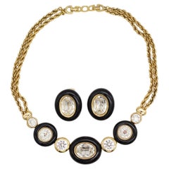 Christian Dior Vintage Cerchio Ovale Grande Cristalli Chiari Nero Doppia Corda 2 Set