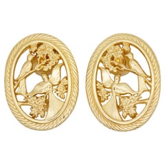 Christian Dior Vintage Large Oval Openwork Two Bird Leaf Branch Flower Earrings