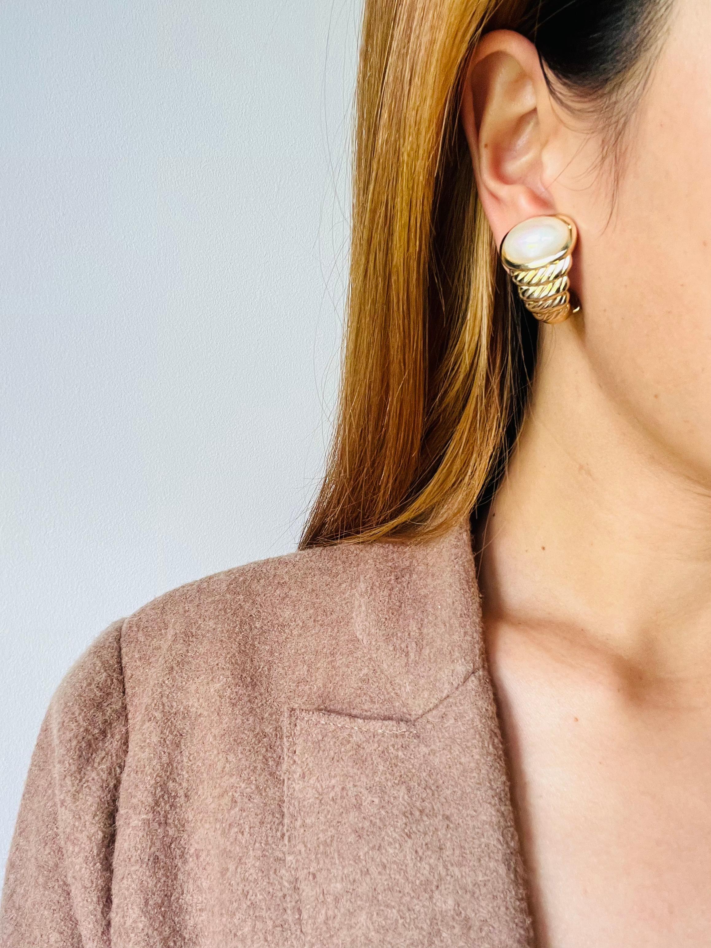 Christian Dior Vintage Large Oval White Pearl Conch Dome Chunky Clip Earrings For Sale 5