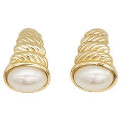 Christian Dior Vintage Large Oval White Pearl Conch Dome Chunky Clip Earrings