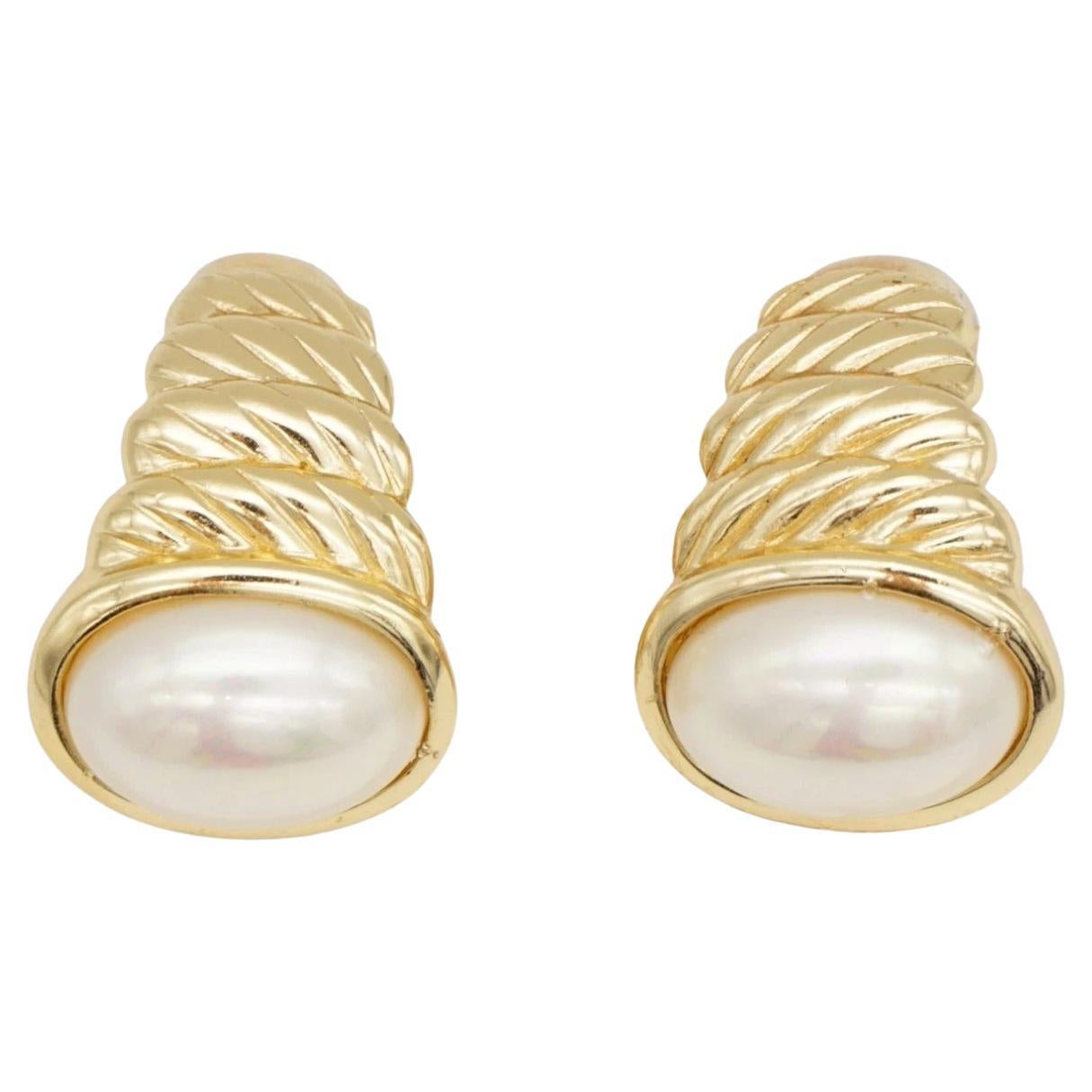 Christian Dior Vintage Large Oval White Pearl Conch Dome Chunky Clip Earrings