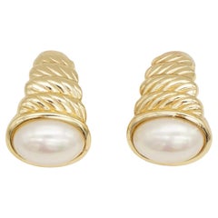 Christian Dior Vintage Large Oval White Pearl Conch Dome Chunky Clip Earrings