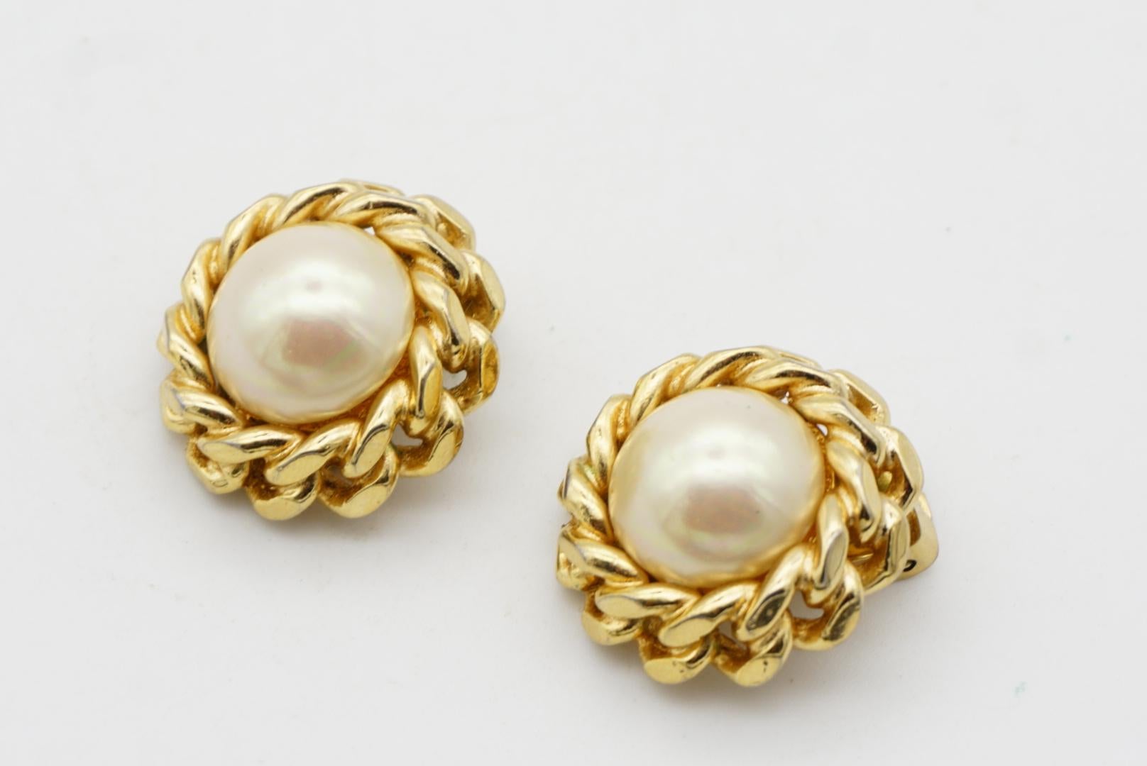 Christian Dior Vintage Large Round Pearl Rope Twist Interlock Clip Gold Earrings For Sale 5