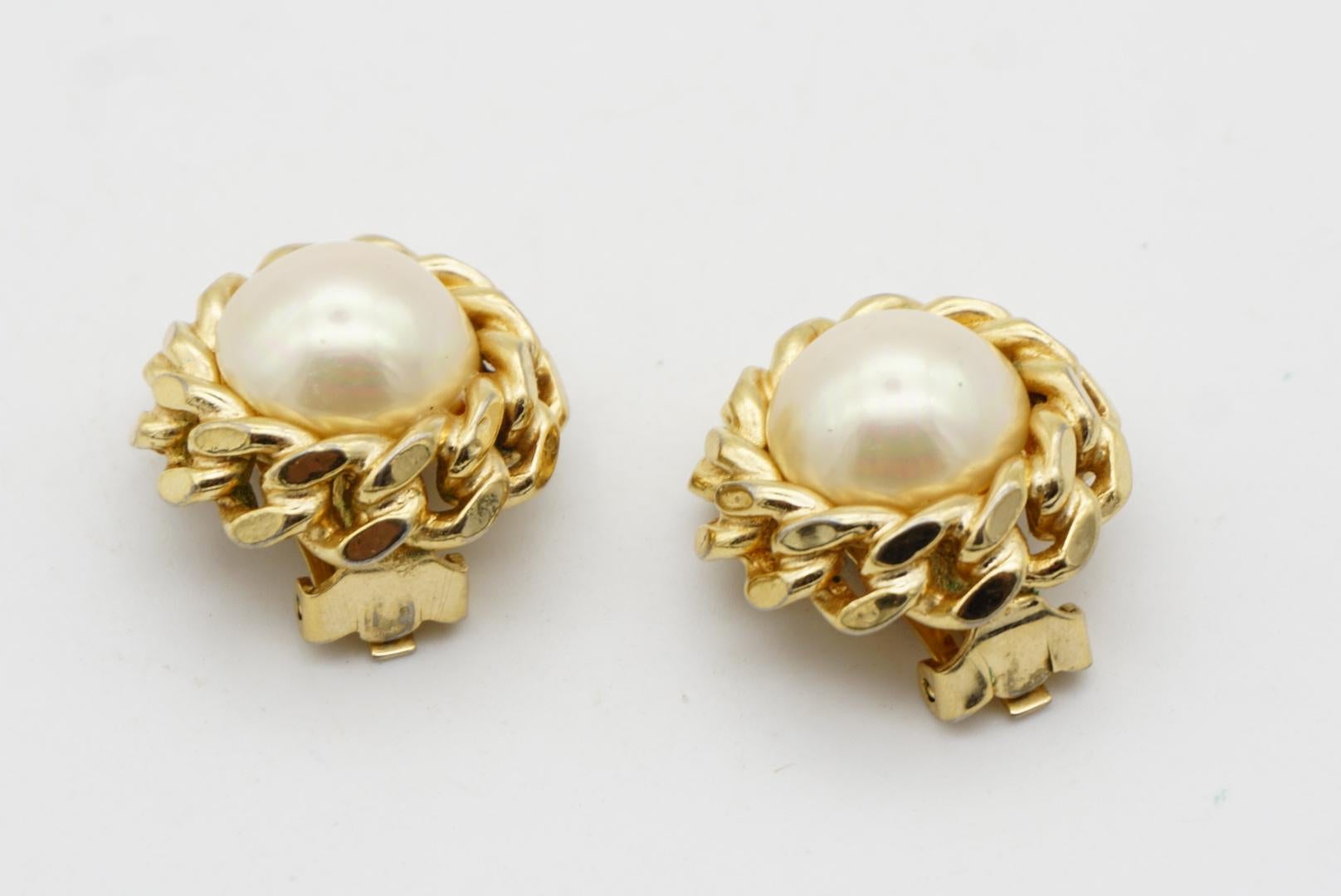 Christian Dior Vintage Large Round Pearl Rope Twist Interlock Clip Gold Earrings For Sale 6