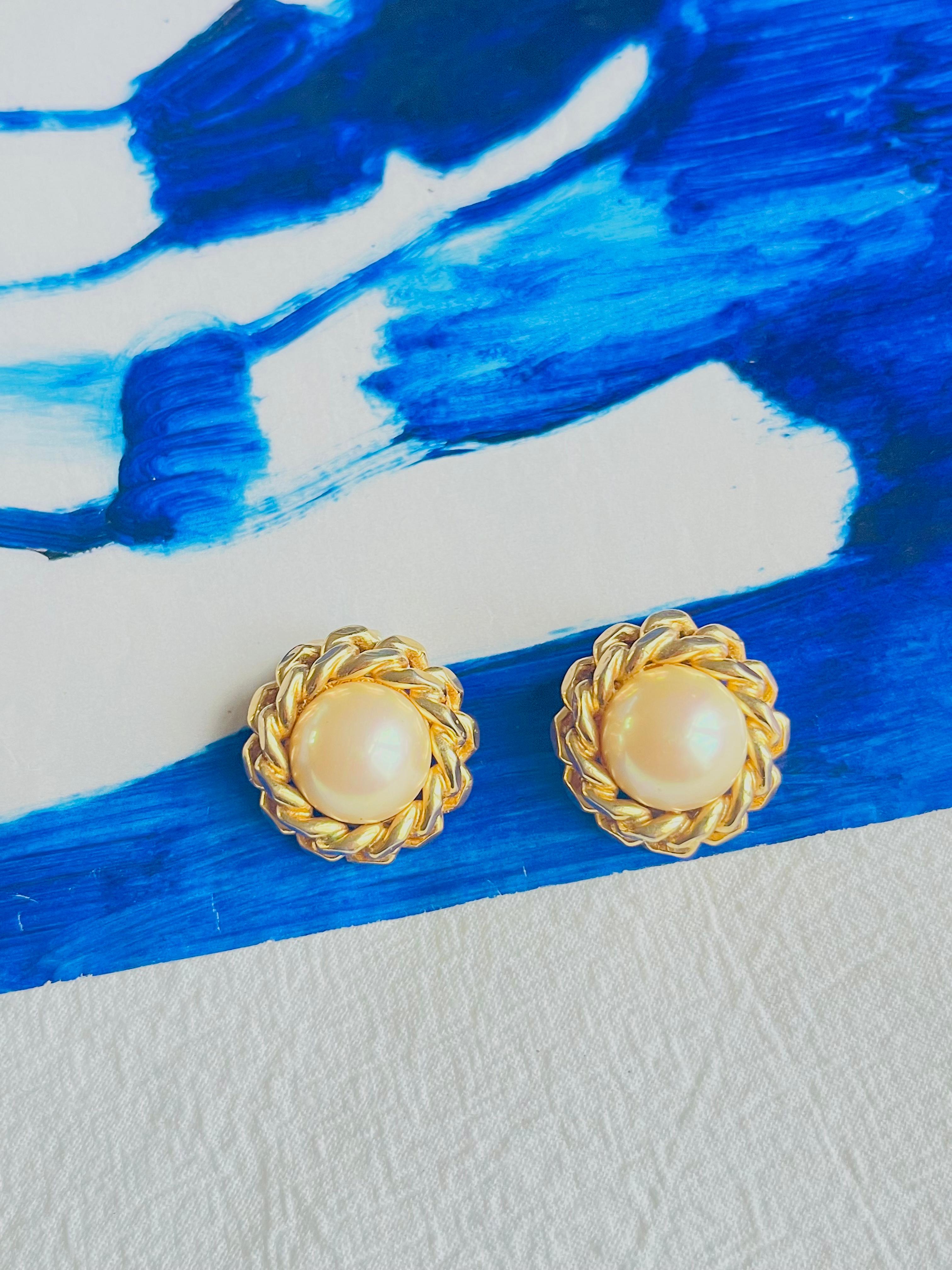 Art Nouveau Christian Dior Vintage Large Round Pearl Rope Twist Interlock Clip Gold Earrings For Sale