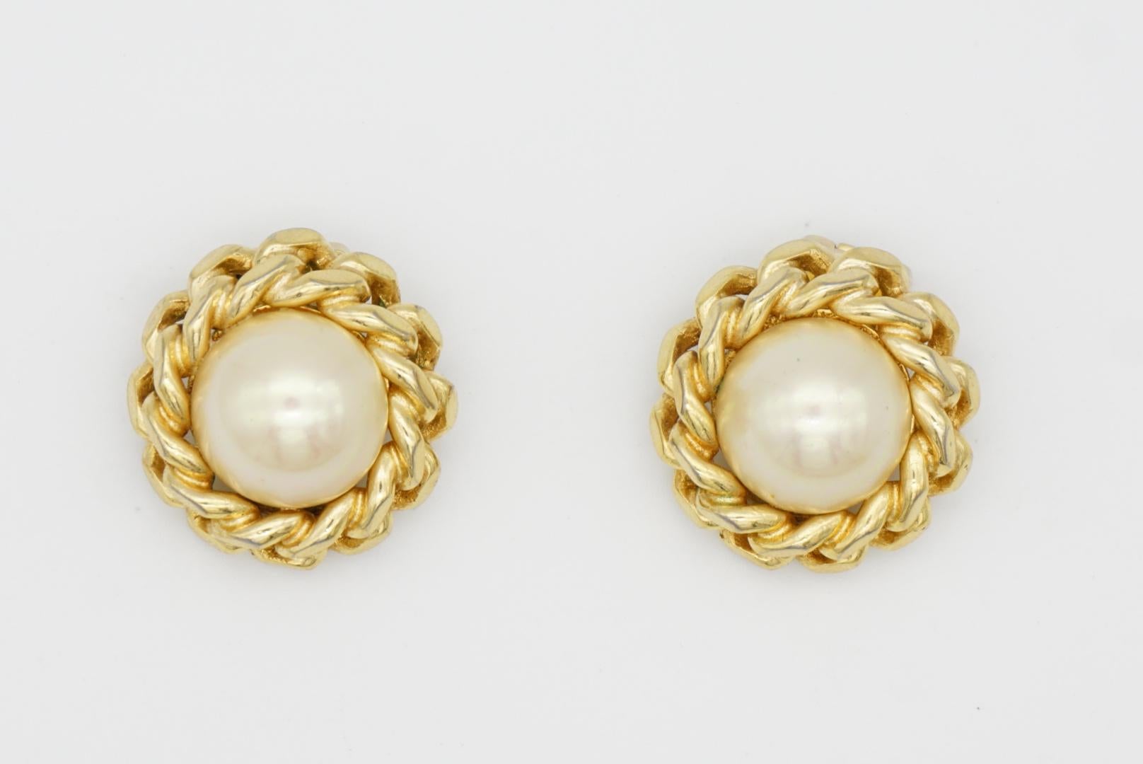 Christian Dior Vintage Large Round Pearl Rope Twist Interlock Clip Gold Earrings For Sale 3