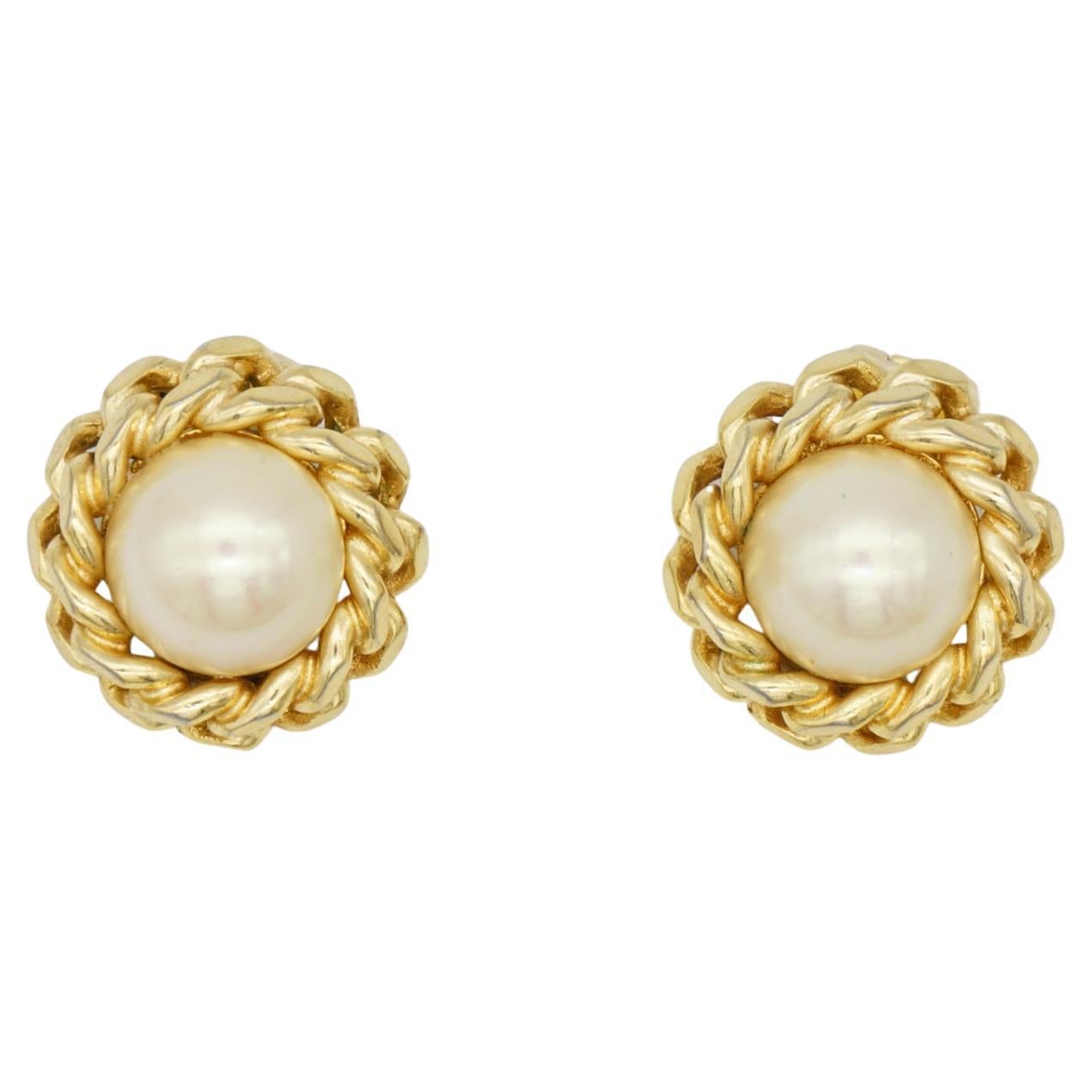 Christian Dior Vintage Large Round Pearl Rope Twist Interlock Clip Gold Earrings