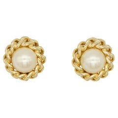 Christian Dior Vintage Large Round Pearl Rope Twist Interlock Clip Gold Earrings