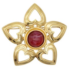 Christian Dior Vintage Large Ruby Cabochon Openwork Pentagram Heart Gold Brooch