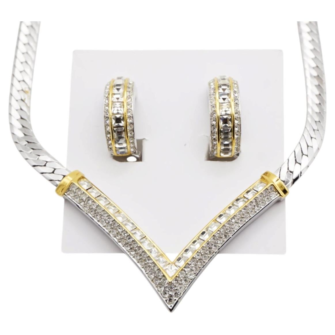 Christian Dior Vintage Large Silver Gold Crystals Triangle Pendant Domed 2 Set For Sale