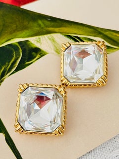 Christian Dior Vintage Large Sparkling Crystal Octagon Square Chunky Earrings