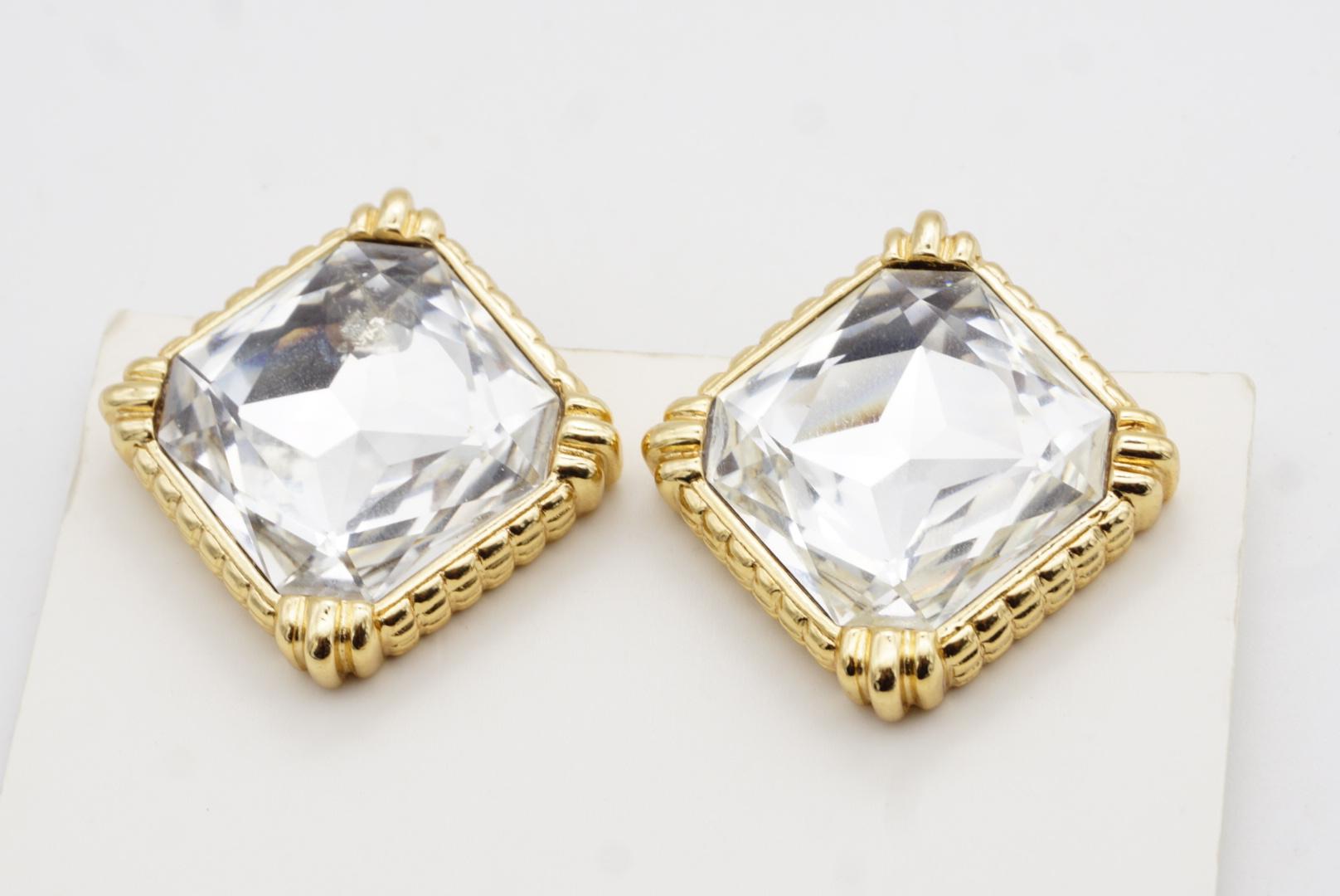 Christian Dior Vintage Large Sparkling Crystal Octagon Square Chunky Earrings For Sale 4