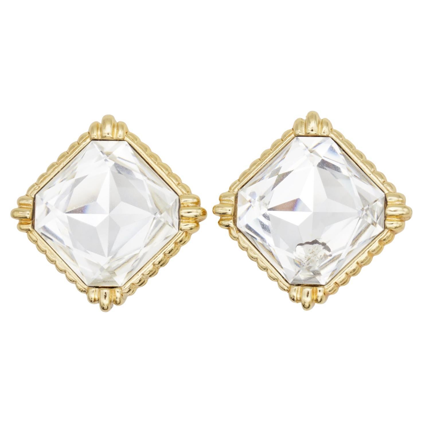 Christian Dior Vintage Large Sparkling Crystal Octagon Square Chunky Earrings For Sale