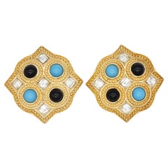 Christian Dior Vintage Large Turquoise Black Cabochon Crystals Earrings Gold