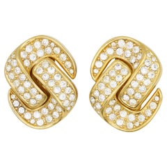 Christian Dior Vintage Large Whole Crystals Gold Knot Interlocked Clip Earrings