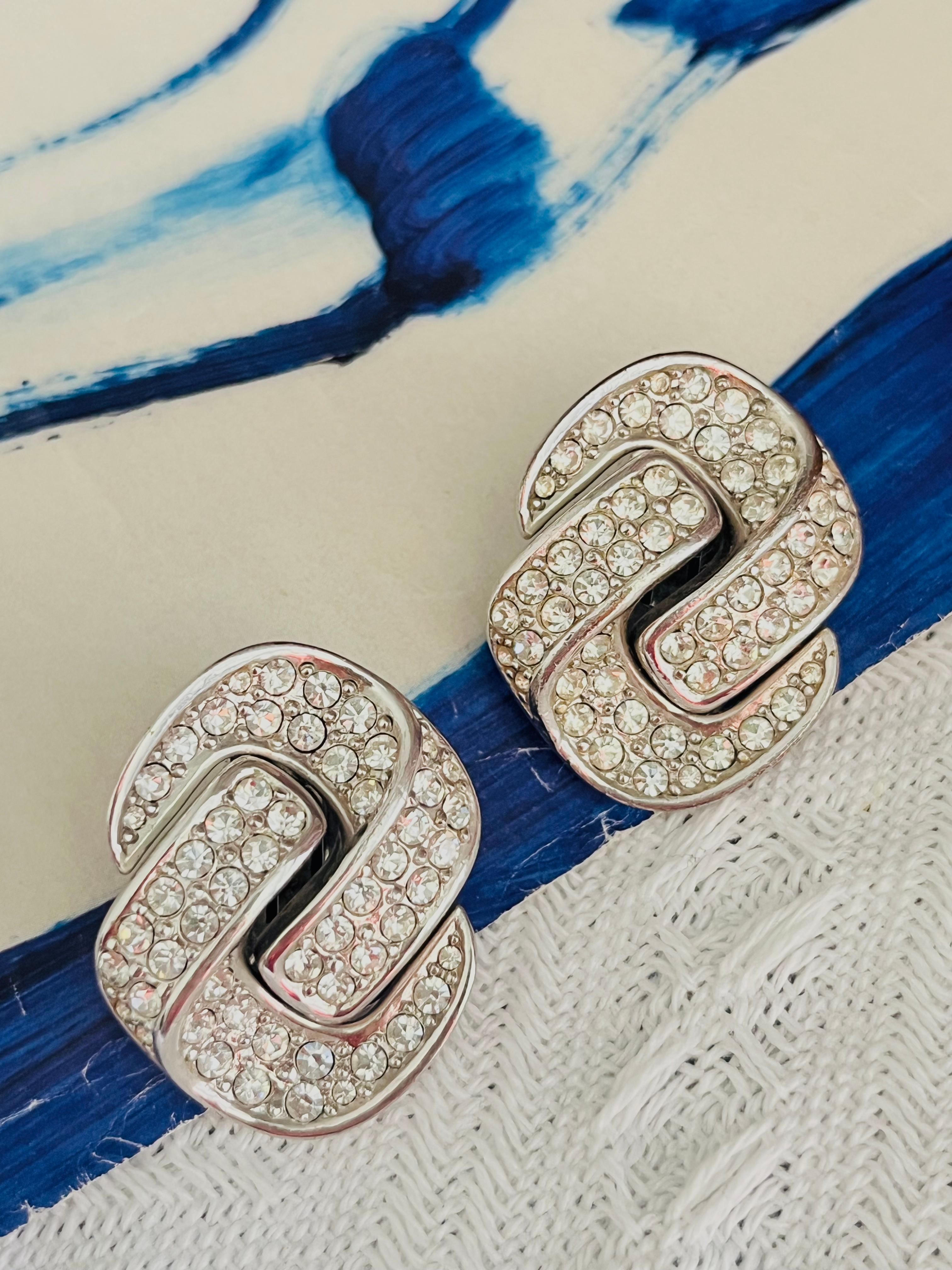 Christian Dior Vintage Grandes Cristales Enteros Nudo Entrelazado Pendientes de Plata Art Decó en venta