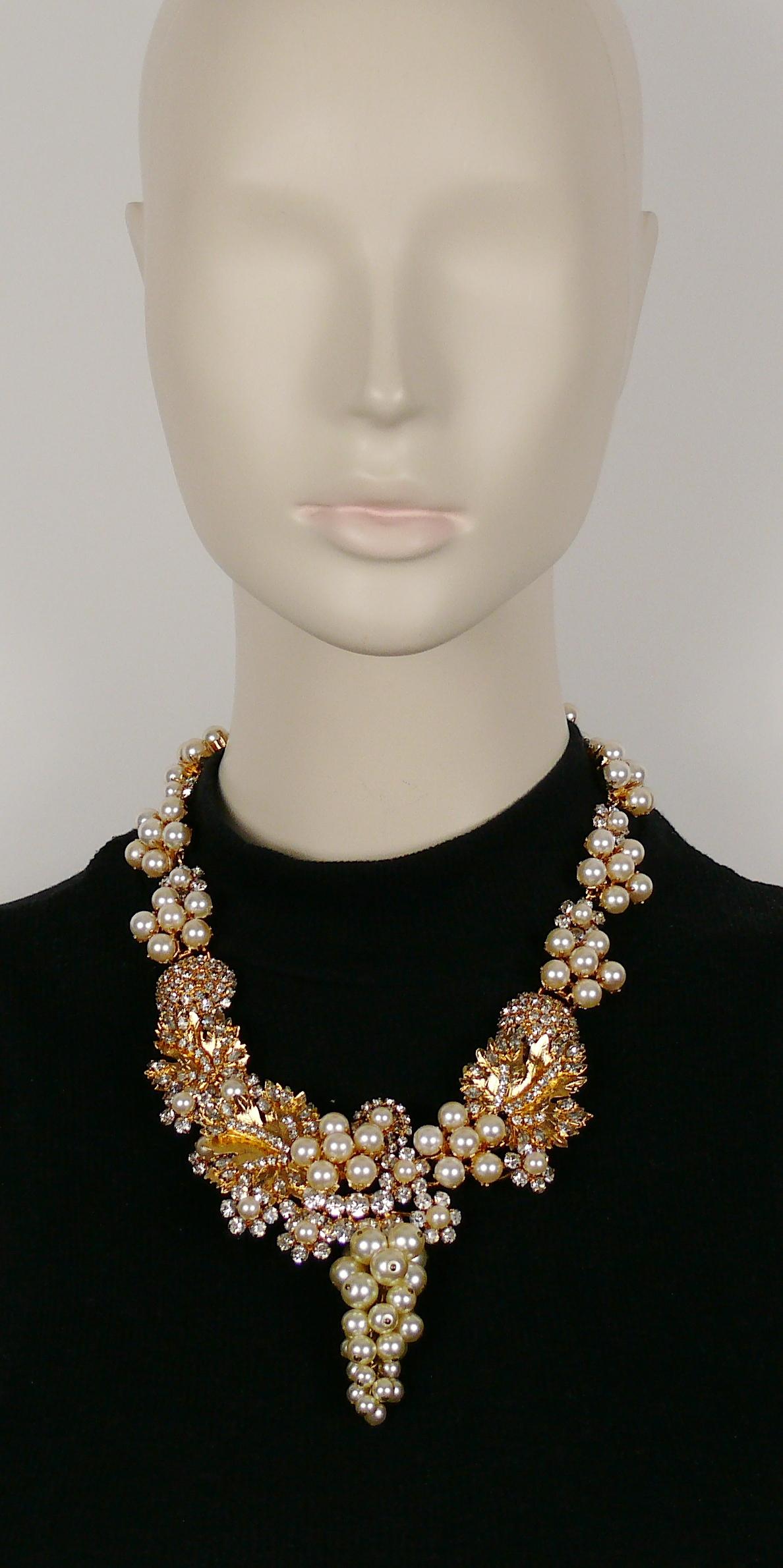 CHRISTIAN DIOR vintage amazing gold toned necklace featuring an opulent leaves and grape theme embellished with faux pearls and clear crystals.

S hook clasp.
Extension chain.

Embossed CHR. DIOR Germany.

NOTES
- This is a preloved vintage item,