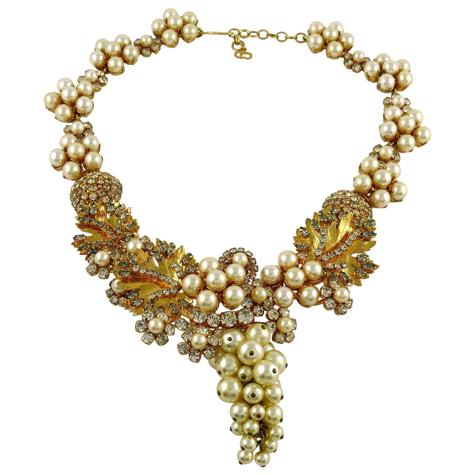 Christian Dior Vintage Leaves and Grape Theme Pearl Crystal Necklace