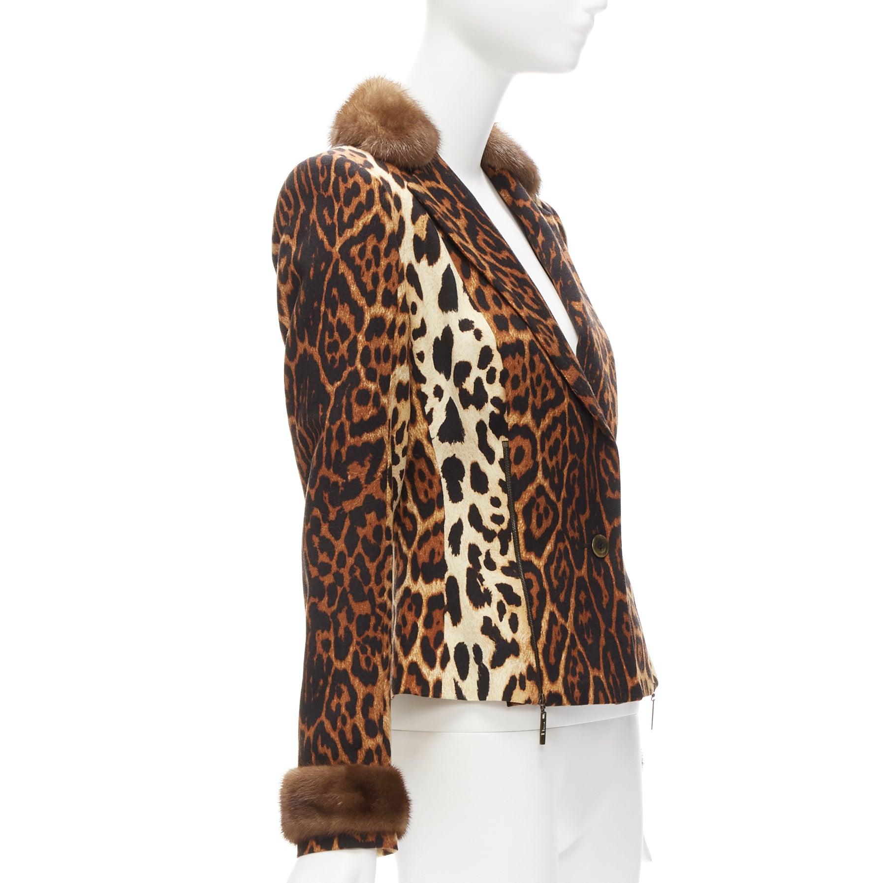 CHRISTIAN DIOR Vintage Leopard Wolle Pelzbesatz Reißverschlussdetail Jacke FR42 XL im Zustand „Gut“ im Angebot in Hong Kong, NT