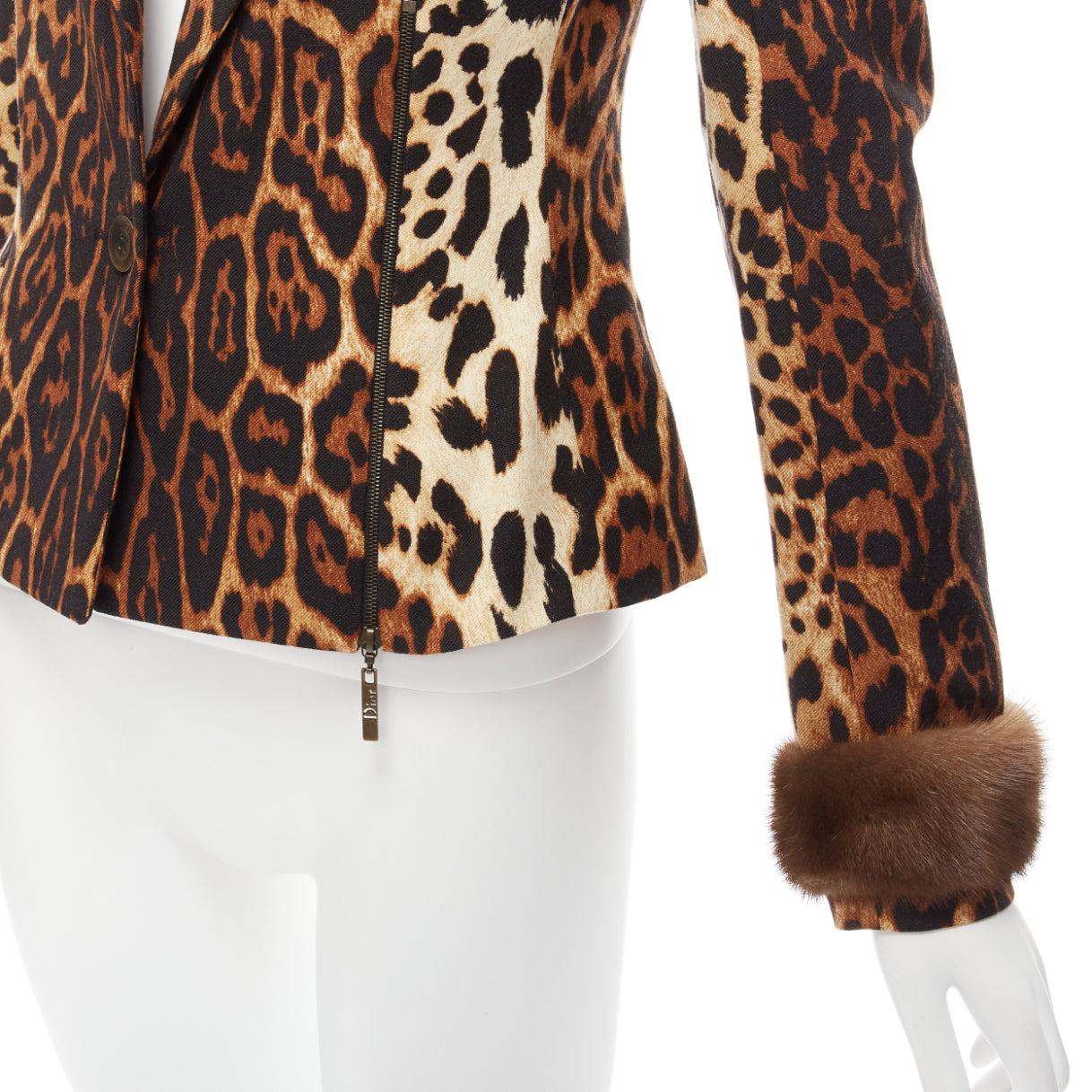 CHRISTIAN DIOR Vintage Leopard Wolle Pelzbesatz Reißverschlussdetail Jacke FR42 XL im Angebot 3