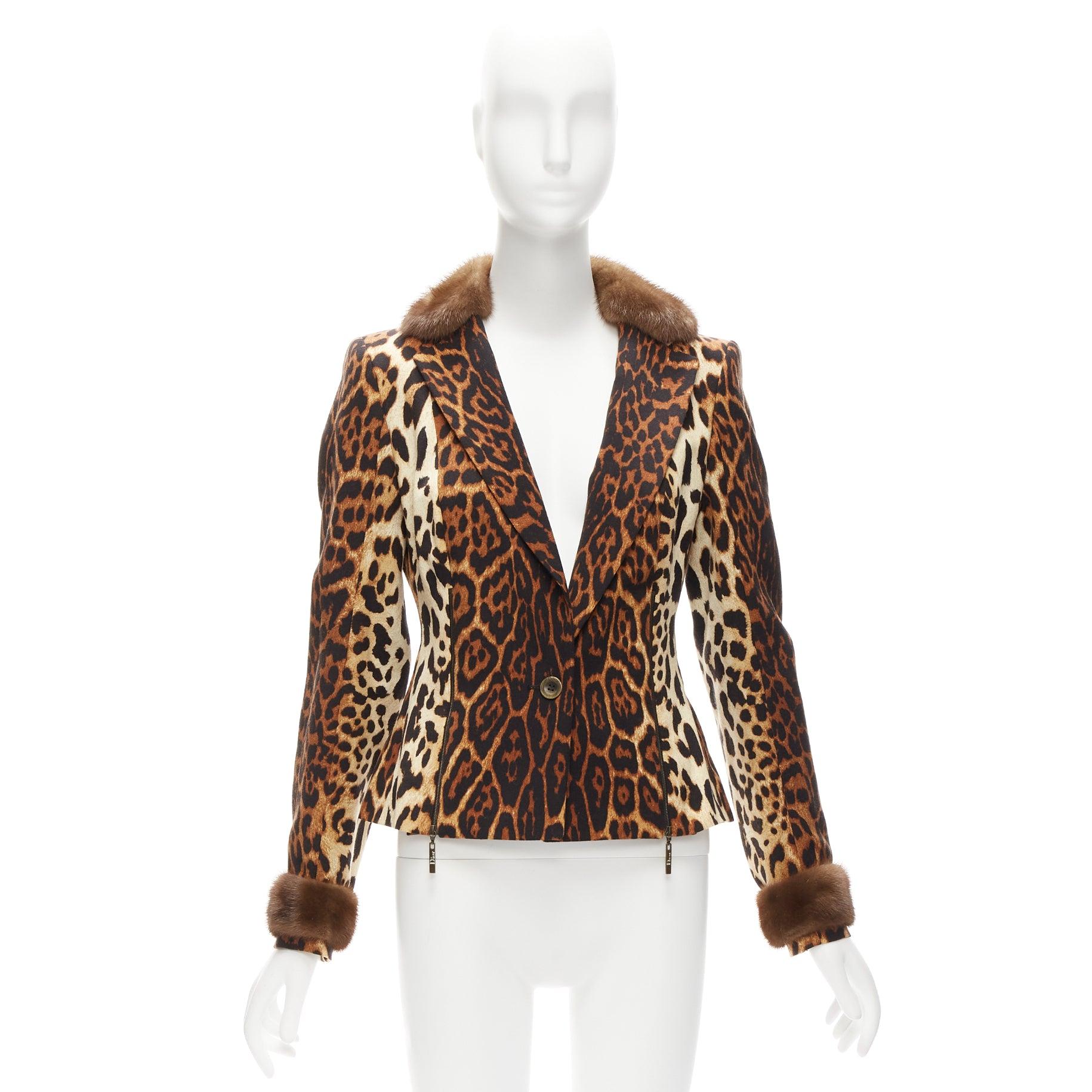 CHRISTIAN DIOR Vintage Leopard Wolle Pelzbesatz Reißverschlussdetail Jacke FR42 XL im Angebot 5