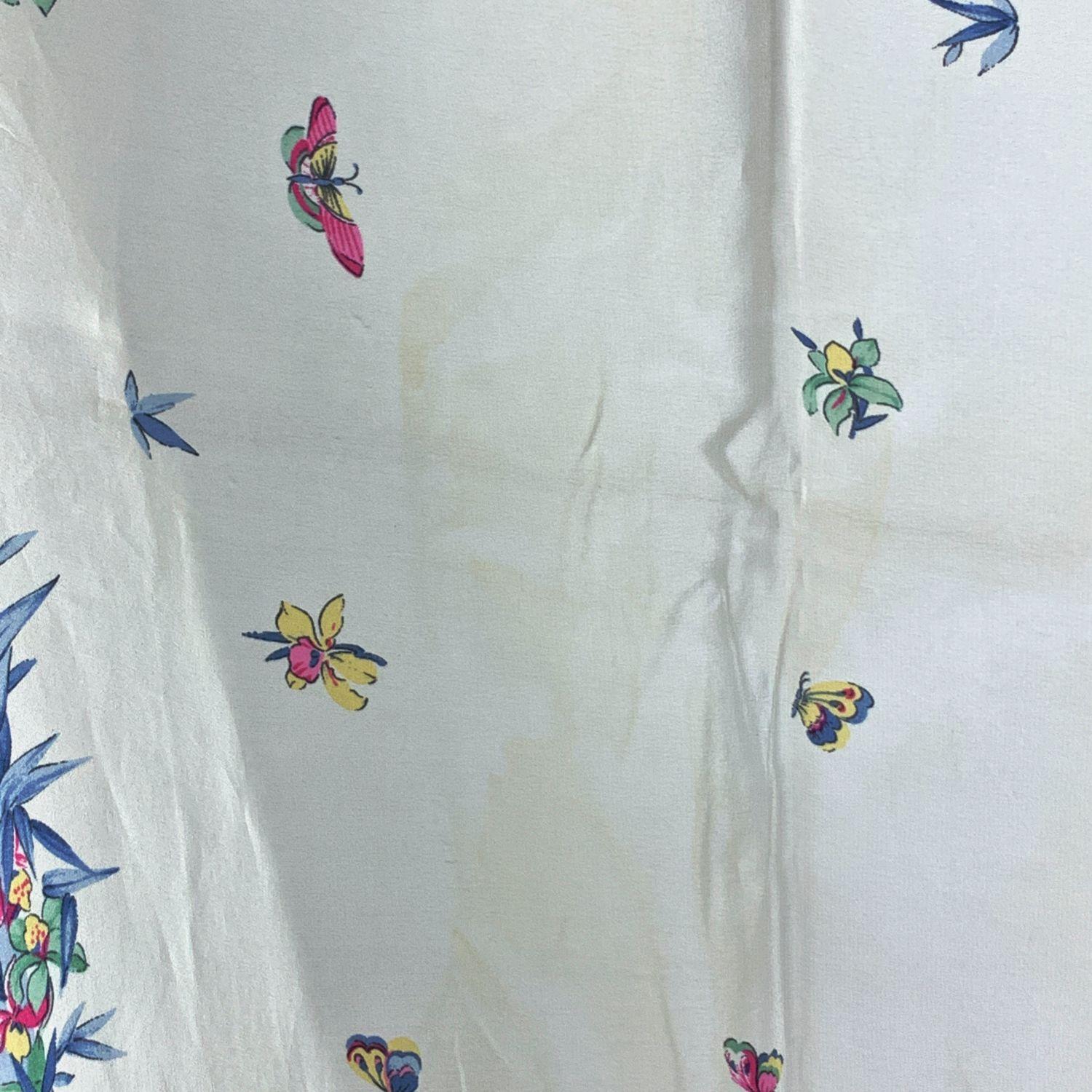 Gray Christian Dior Vintage Light Blue Flowers and Butterflies Silk Scarf