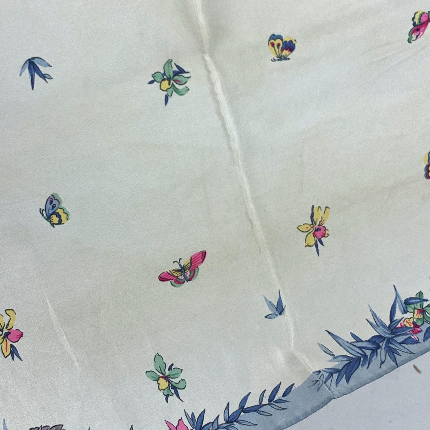 Christian Dior Vintage Light Blue Flowers and Butterflies Silk Scarf In Fair Condition In Rome, Rome