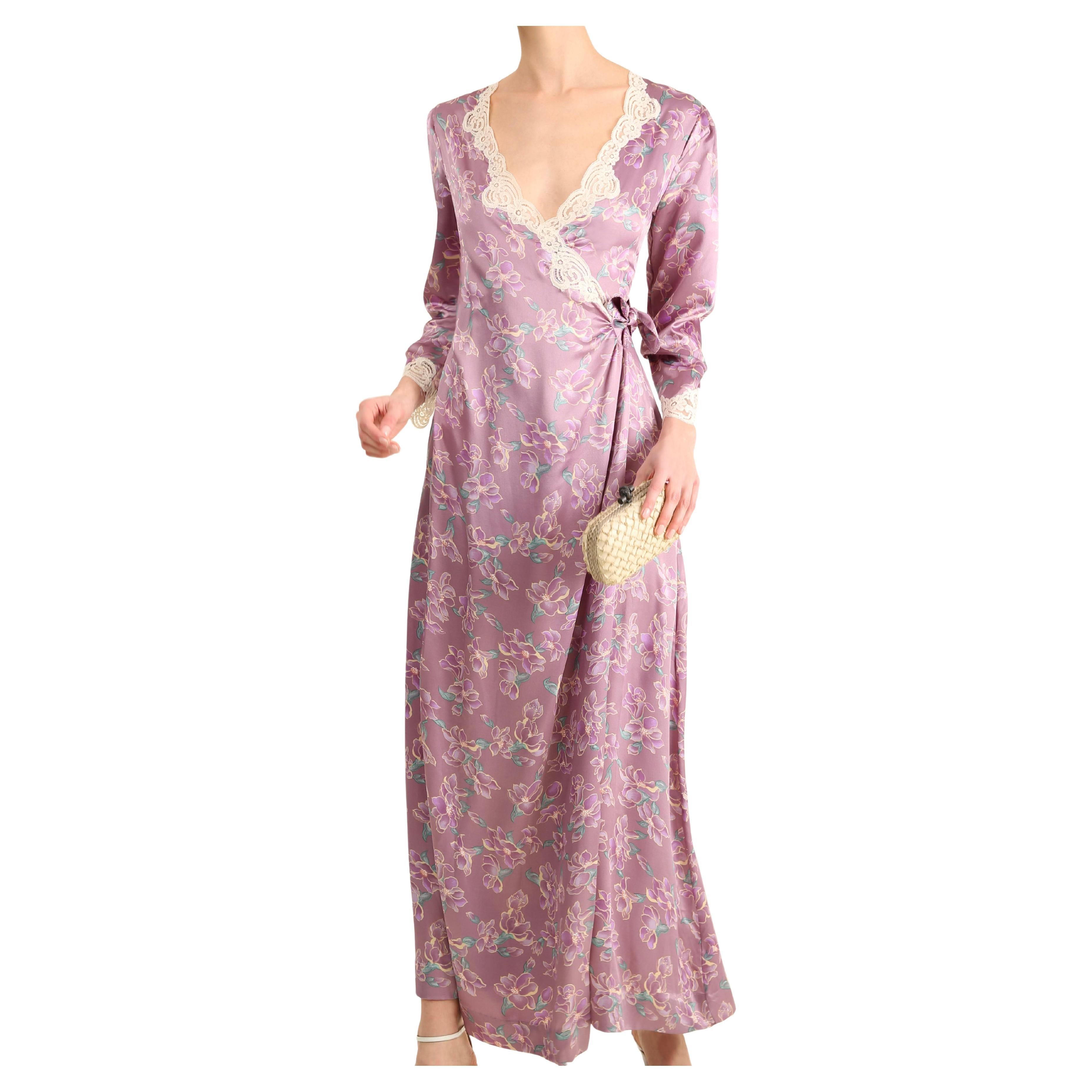Christian Dior vintage lilac floral ivory lace plunging night robe dress gown S For Sale