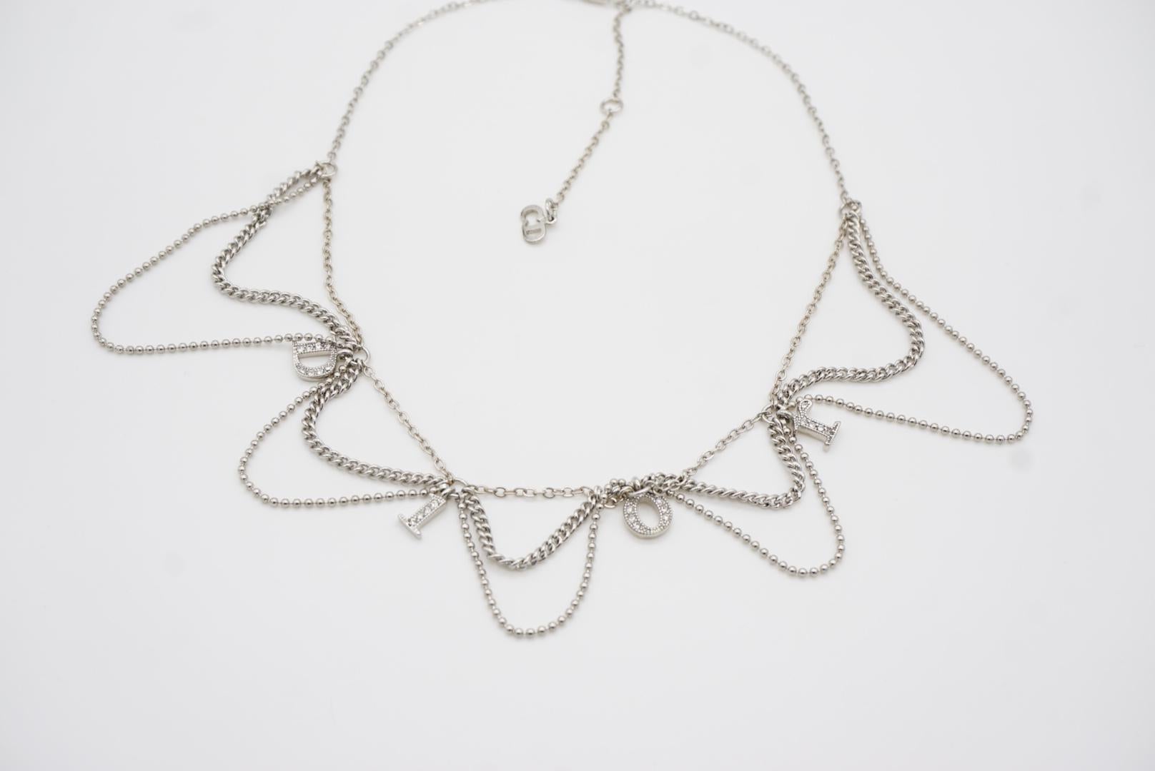 Christian Dior Vintage Logo Monogram Crystals Charm Trio Tassel Silver Necklace For Sale 6