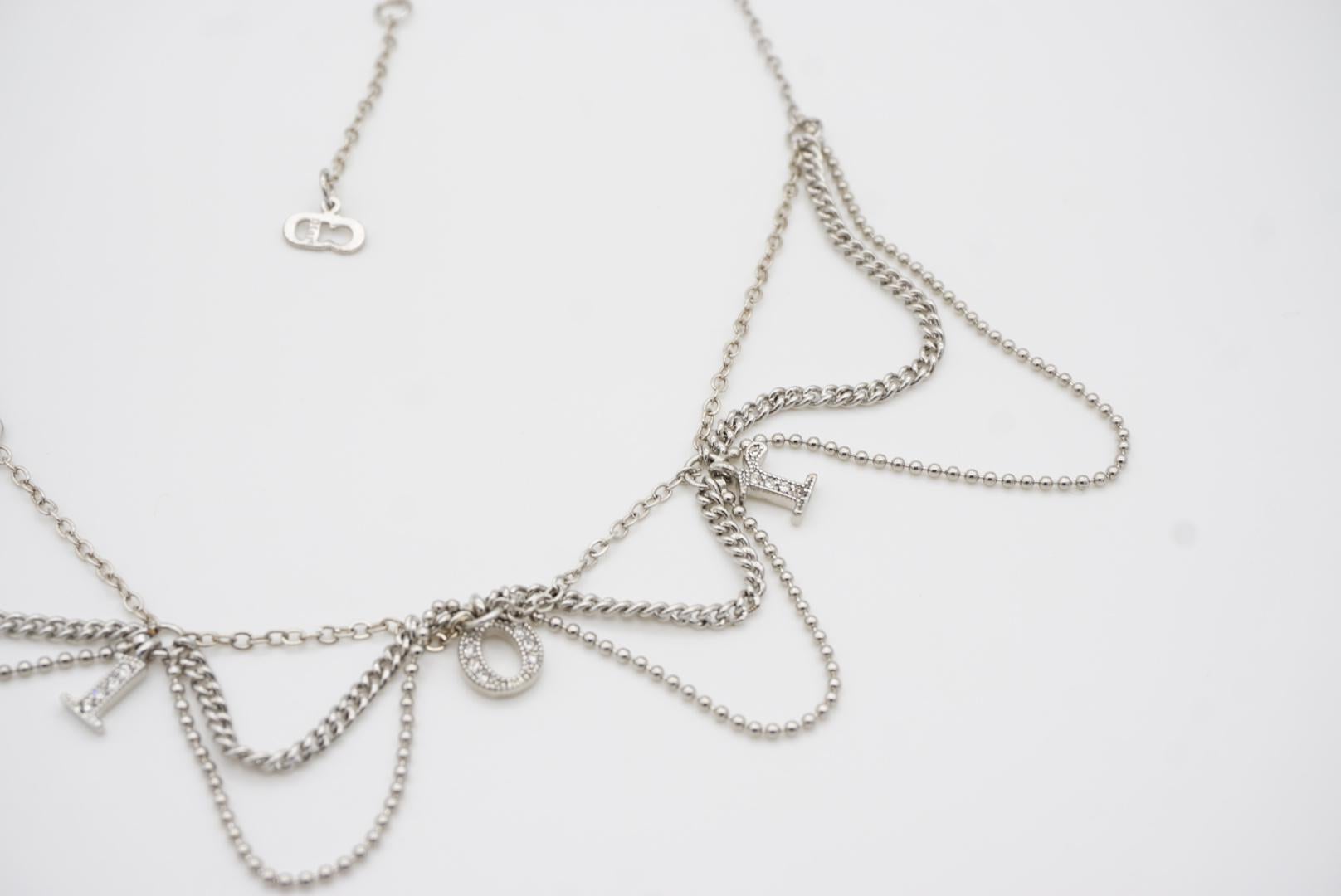 Christian Dior Vintage Logo Monogram Crystals Charm Trio Tassel Silver Necklace For Sale 8