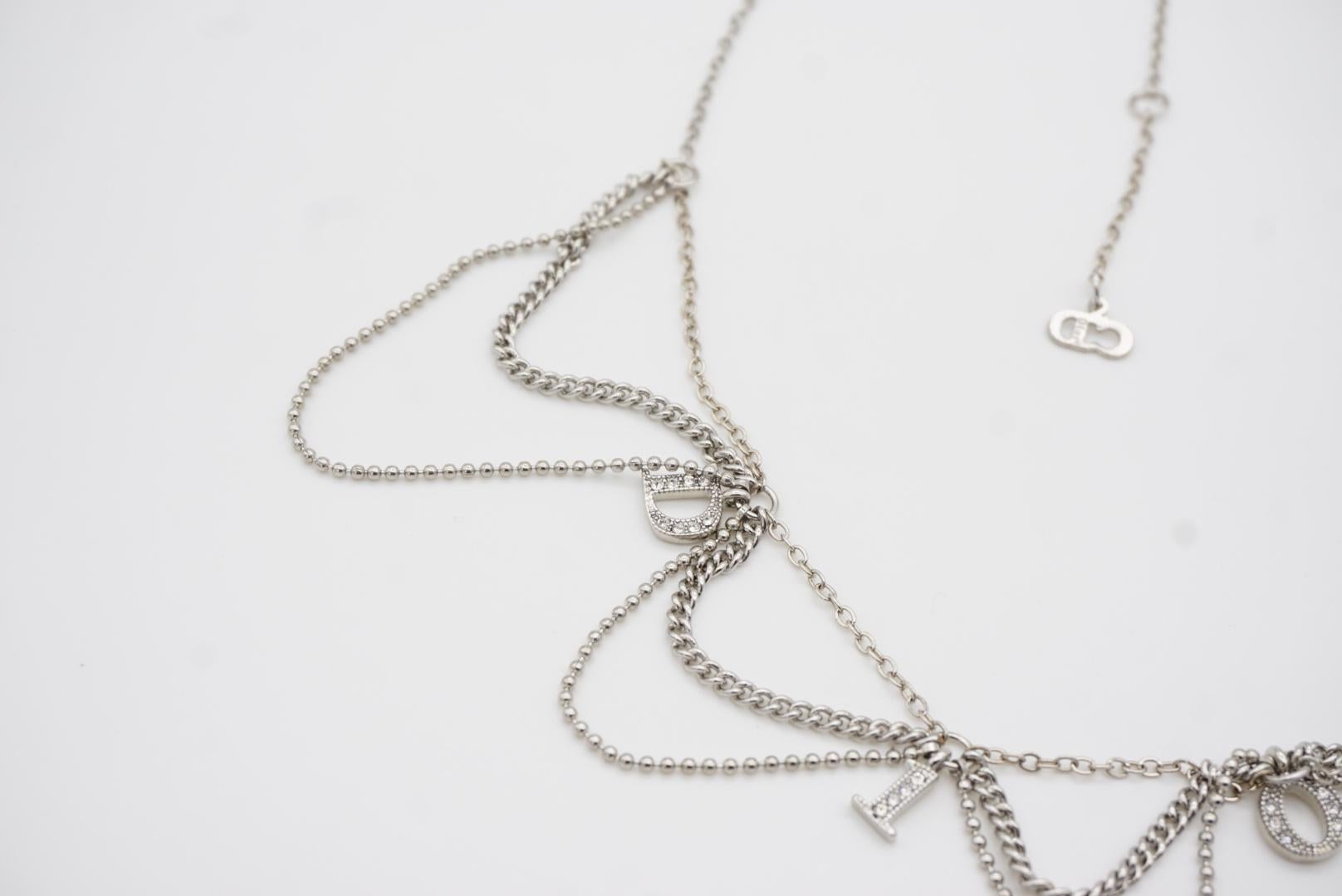 Christian Dior Vintage Logo Monogram Crystals Charm Trio Tassel Silver Necklace For Sale 9
