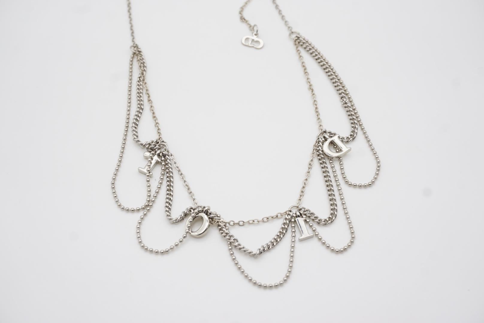 Christian Dior Vintage Logo Monogram Crystals Charm Trio Tassel Silver Necklace For Sale 10