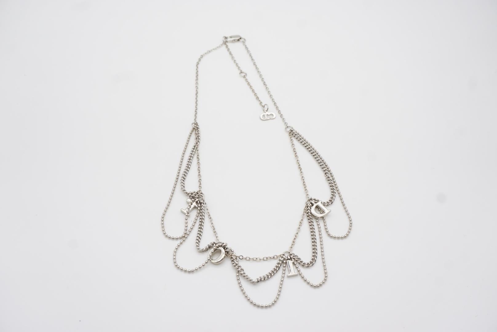 Christian Dior Vintage Logo Monogram Crystals Charm Trio Tassel Silver Necklace For Sale 11