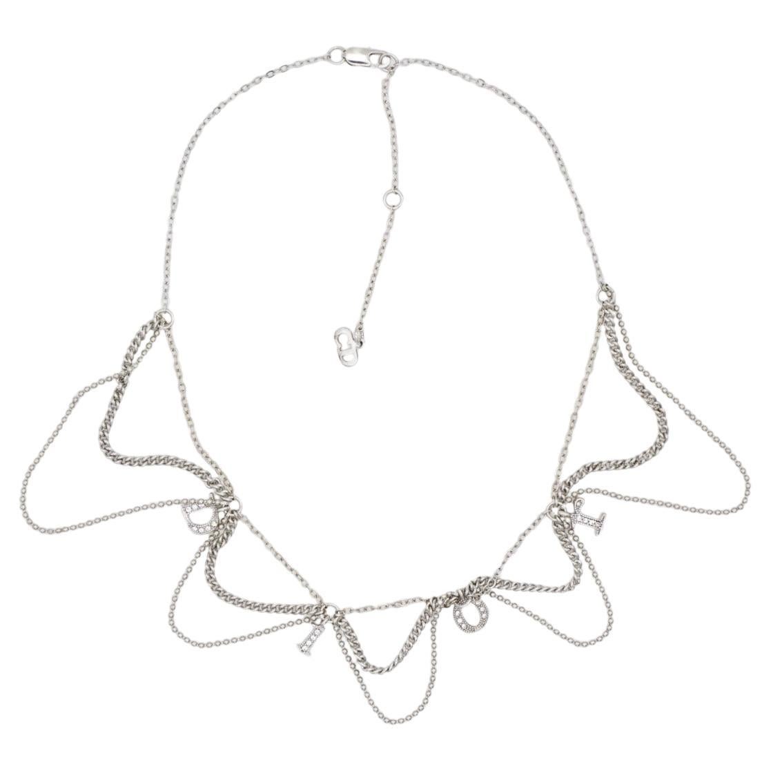Christian Dior Vintage Logo Monogram Crystals Charm Trio Tassel Silver Necklace For Sale