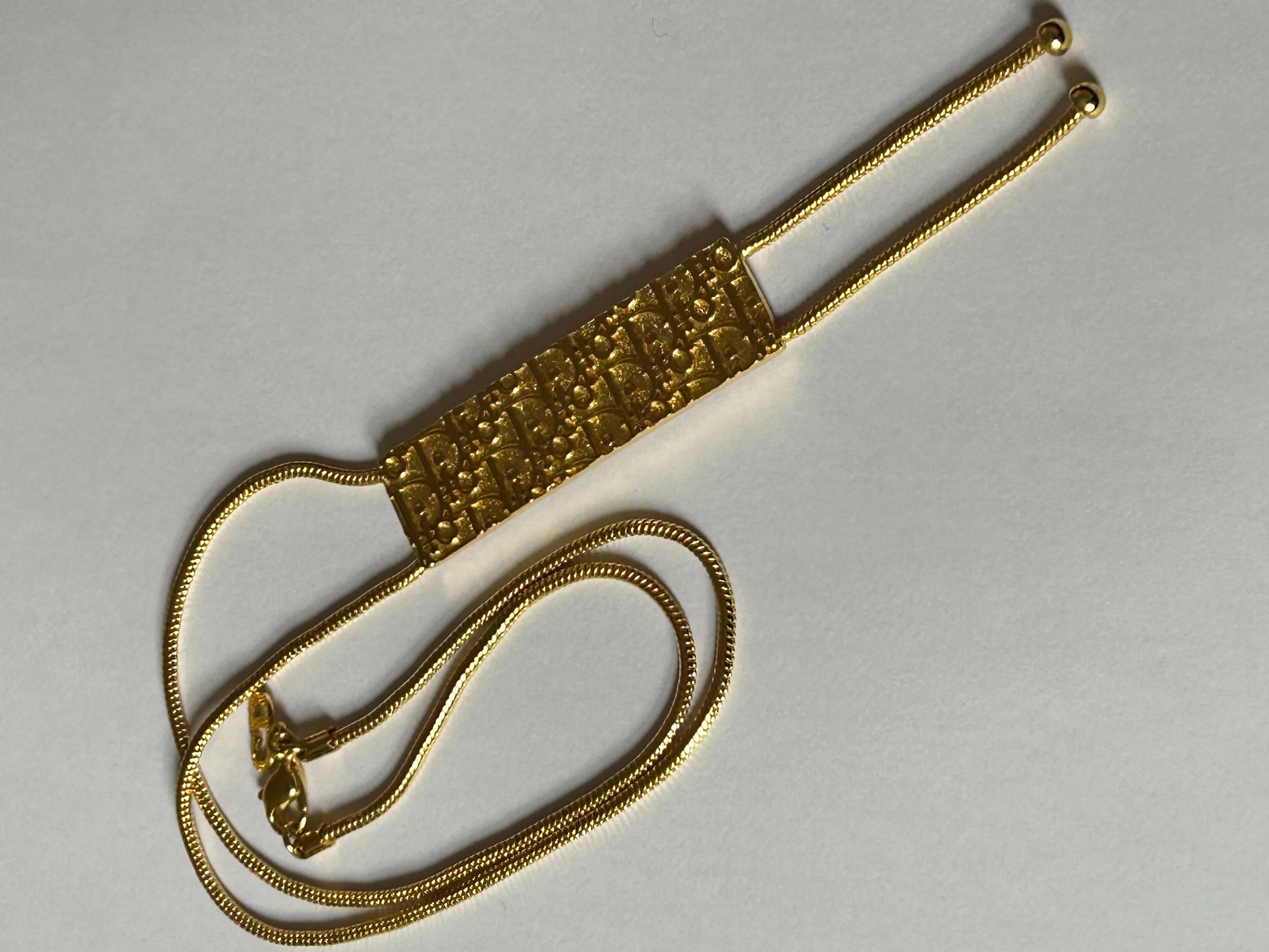 Christian Dior Vintage Logo Sign Trotter Oblique Monogram Gold Lariat Necklace For Sale 4
