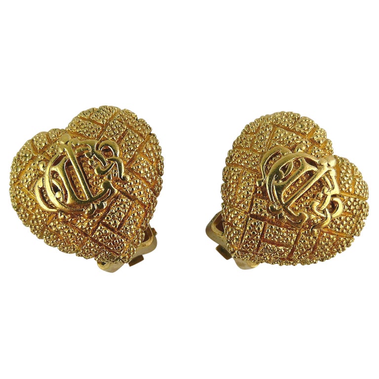 Christian Dior Vintage Logo Textured Heart Clip-On Earrings For
