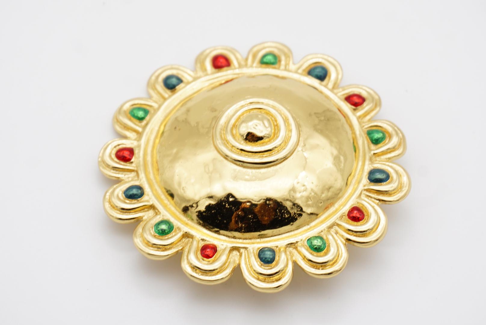 Christian Dior Vintage Esmeralda masiva Rubí Zafiro Cabujón Escudo Broche de oro 5