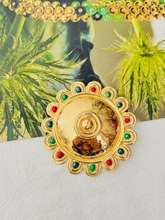 Christian Dior Vintage Massive Emerald Ruby Sapphire Cabochon Shield Gold Brooch