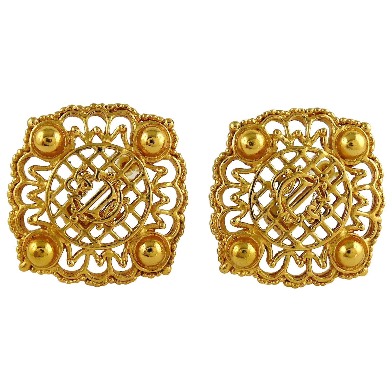 Christian Dior Vintage Massive Gold Toned Openwork Logo Clip-On Earrings