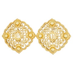 Christian Dior Vintage Massive Insignia Crest Monogram AB Logo Square Earrings