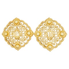 Christian Dior Vintage Massive Insignia Crest Monogram AB Logo Square Earrings