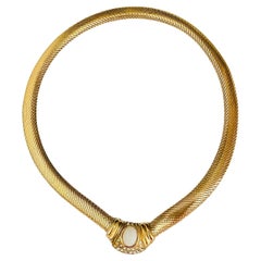 Christian Dior Vintage Milky White Oval Crystals Button Omega Mesh Oval Necklace